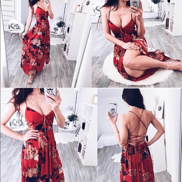 Red hot keyhole tie back maxi dress! - Picture 3 of 8